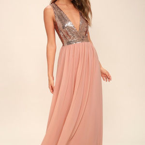 Elegant Encounter Rose Gold Sequin Maxi Dress